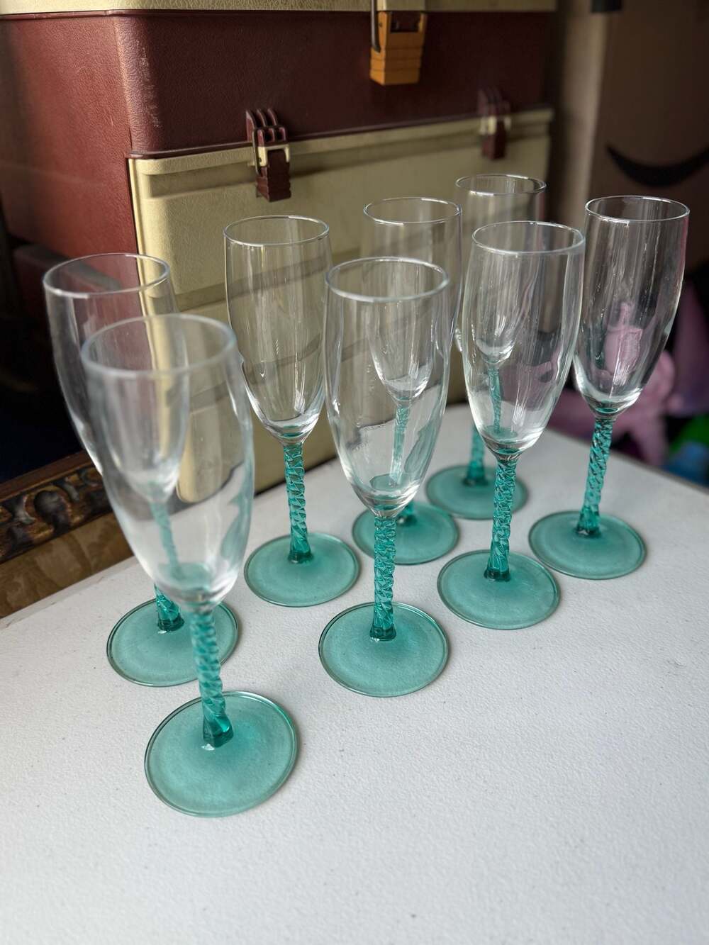Vintage Luminarc Angelique Champagne Flutes with Twisted Aqua Teal Stems